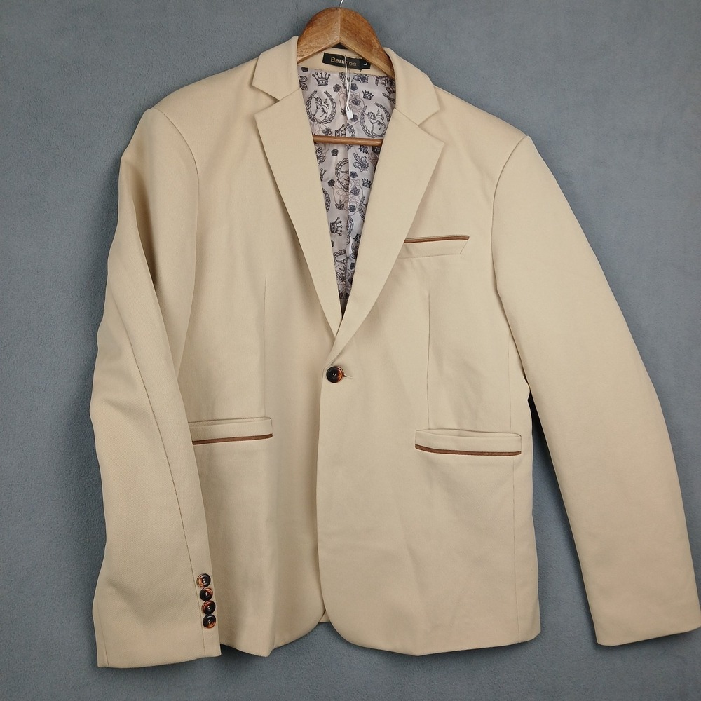 Benibos Blazer Sport Coat Mens Large Beige Cotton Single Breasted Notch Lapel‎